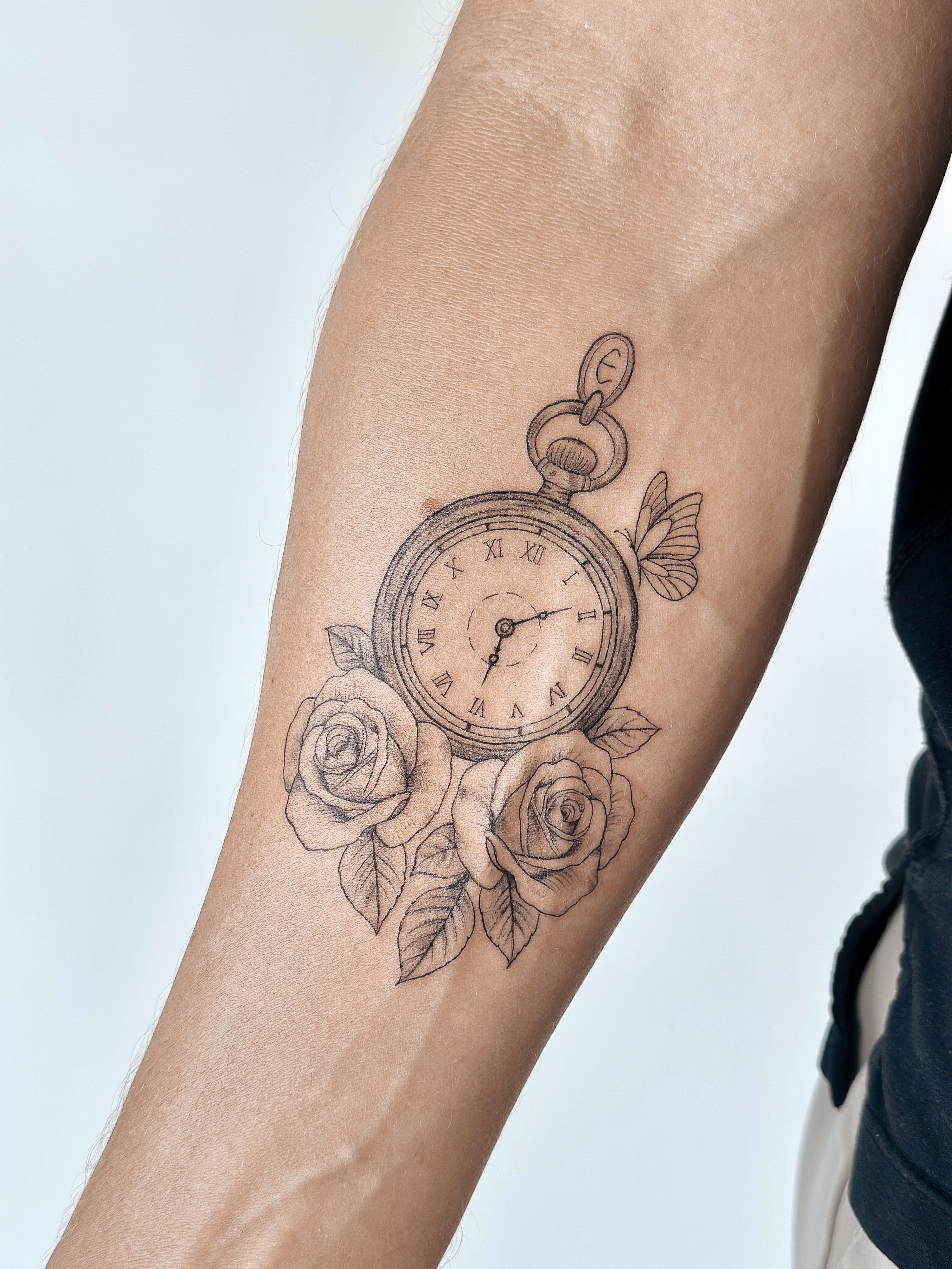 Detailed pocket watch and rose tattoo by CHA